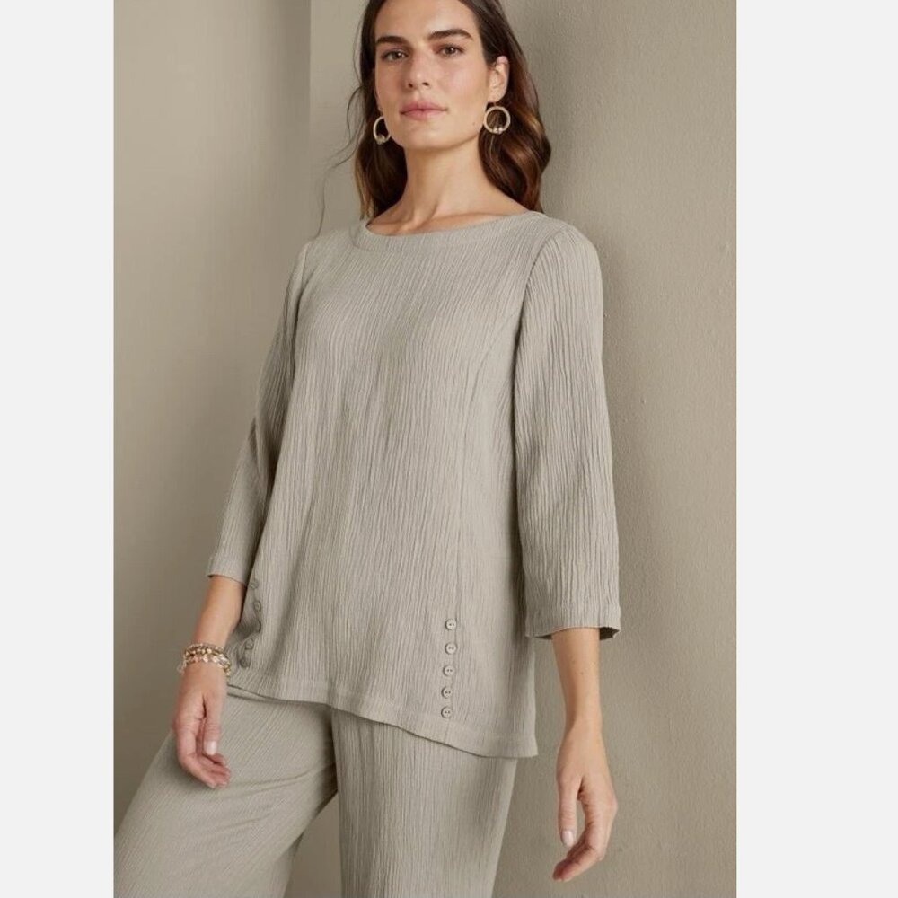 Soft Surroundings Oceo Gauze Crinkle Tunic Button Detail Blouse Women’s Size L